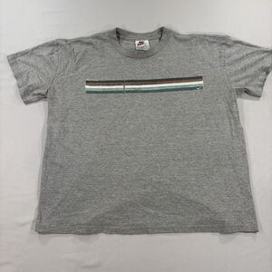 Vintage Nike XL Gray TShirt 90s Y2K Graphic Print Stripe & Swoosh Sportswear